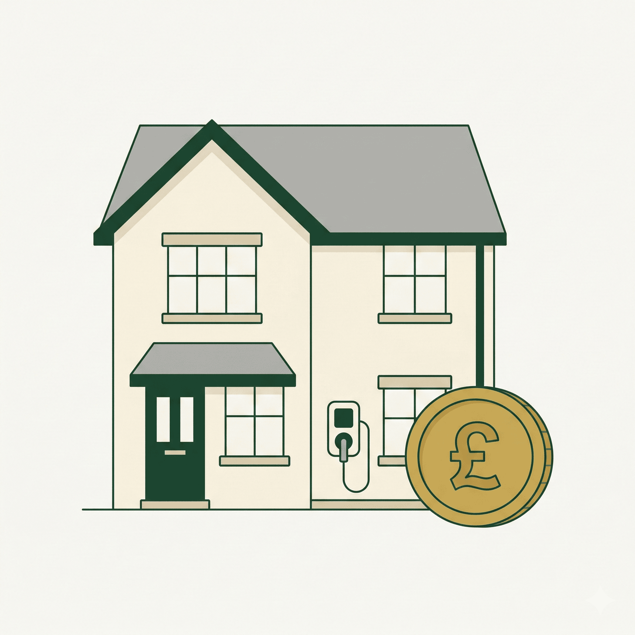 UK house with wall-mounted EV charger and gold pound coin representing the OZEV grant