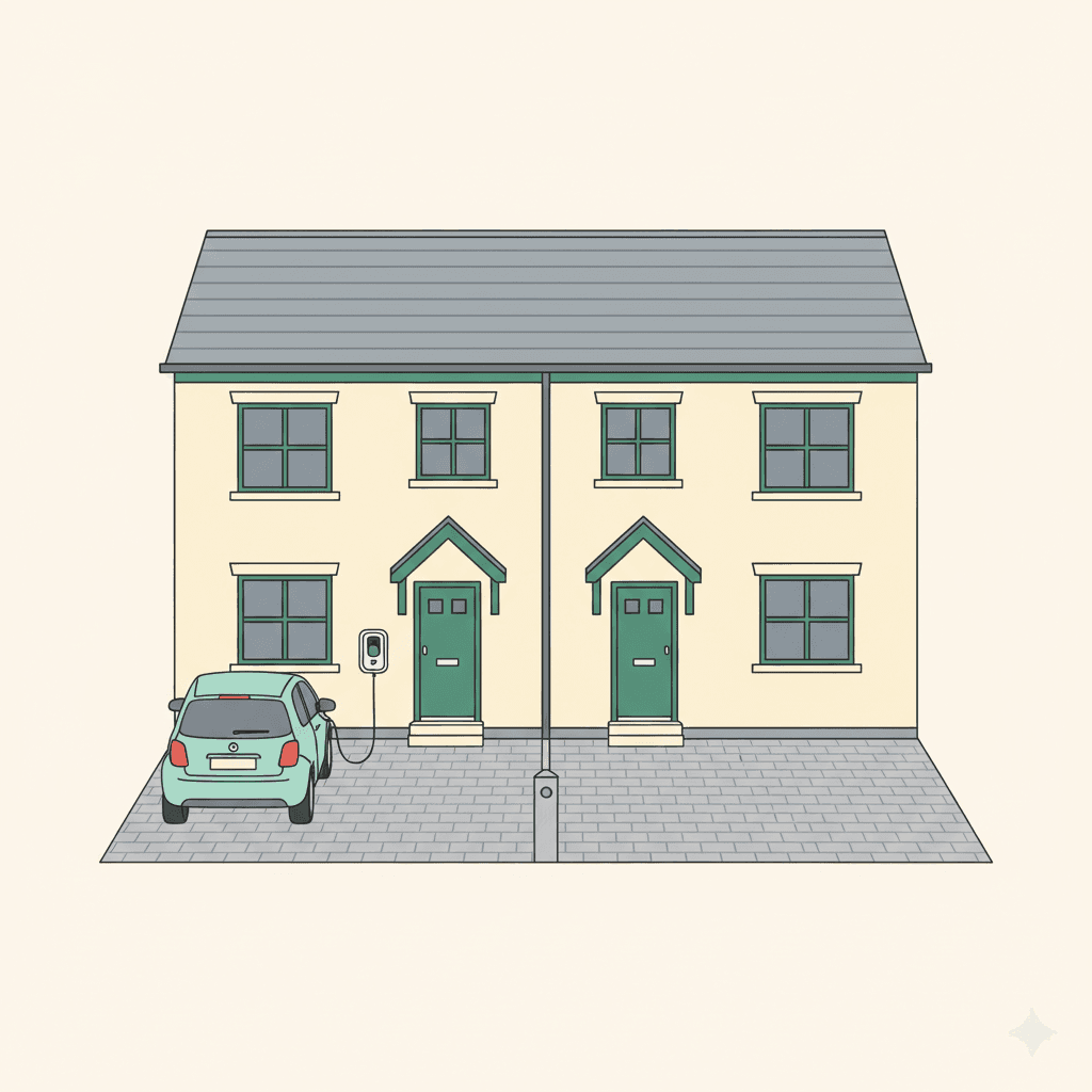Semi-detached houses sharing a driveway with EV charger installed on one side