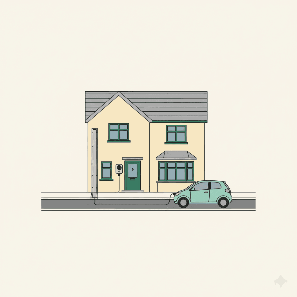 House with no driveway showing EV charger cable routed to car on road